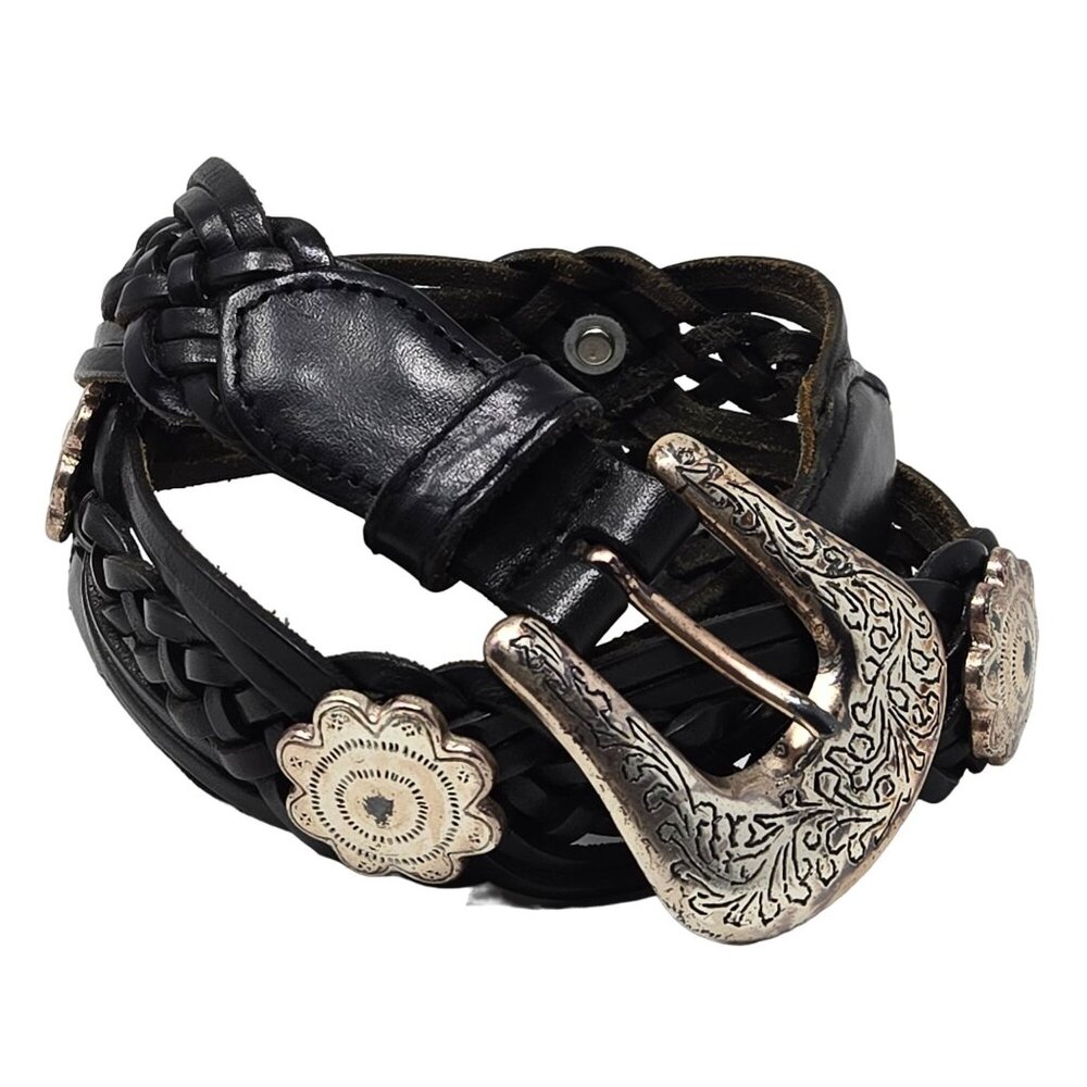 Fossil Braided Woven Black Leather Belt With Silver Accents & Western Buckle Des